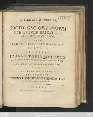 Dissertatio Ivridica De Pacto, Qvo Qvis Fvndvm Sine Tribvtis Habeat, Vel Alienet, Prohibito