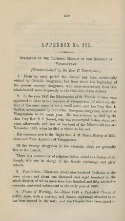 Appendix No. III. Statistics of the Catholic Mission in the District of Vizagapatam