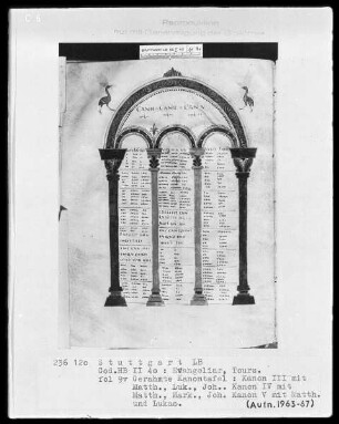 Evangeliar — Kanontafel mit zwei Vögeln, Folio 9verso