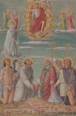 Maria bittet mit den Schutzheiligen der Stadt Assisi, Sebastian, Clara, Franziskus, Rufino, Viktor und Rochus Christus, die Stadt Assisi vor der Pest zu schützen
