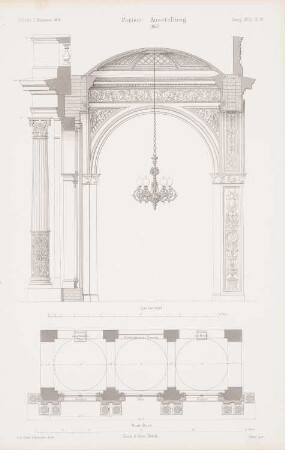 Ausstellungshalle auf der Pariser Weltausstellung 1867: Grundriss, Querschnitt (aus: Atlas zur Zeitschrift für Bauwesen, hrsg. v. G. Erbkam, Jg. 18, 1868)