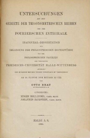 Untersuchungen auf dem Gebiete der trigonometrischen Reiben und der Fourierschen Integrale : Inaug. Diss.