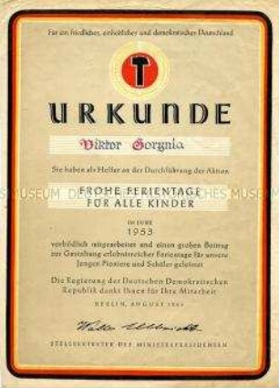 Urkunde für Ferienhelfer