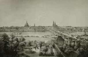 Dresden, Stadtansicht : Hans Anton Williard (1832-1867) nach Ernst Hasse (1819-1860). Blick von der Großen Klostergasse 6 in Neustadt über den Quandtschen Garten auf die Altstadt von der Synagoge bis zum Hotel Bellevue. Lithografie, um 1860. Verwalter, Stadtmuseum Dresden