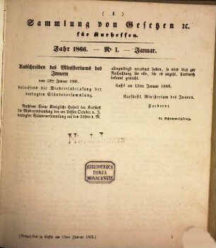 Sammlung von Gesetzen, Verordnungen, Ausschreiben und anderen allgemeinen Verfügungen für Kurhessen. 19. 1866
