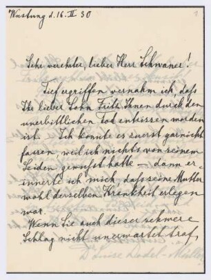 Brief von Luise Dodel-Müller an Wilhelm Schwaner
