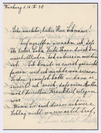 Brief von Luise Dodel-Müller an Wilhelm Schwaner