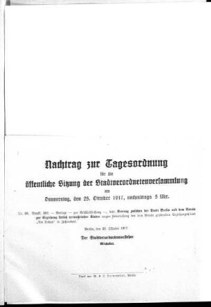 Anlage: Nachtrag zur Tagesordnung für die öffentliche Sitzung, 22. Oktober 1917