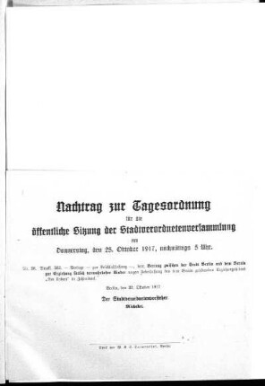 Anlage: Nachtrag zur Tagesordnung für die öffentliche Sitzung, 22. Oktober 1917