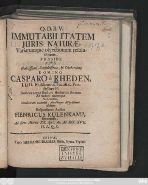 Immutabilitatem Juris Naturæ, Variarumque objectionum resolutionem