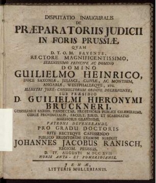 Disputatio Inauguralis De Præparatoriis Judicii In Foris Prussiæ