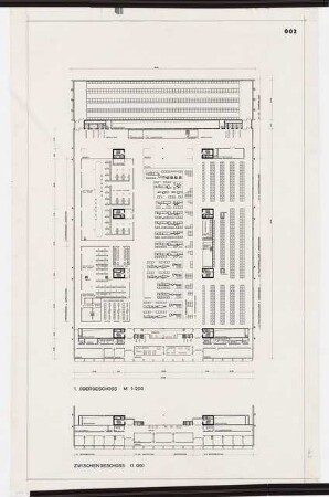 Forschungszentrum der Schering AG, Berlin-Wedding Erweiterung: Grundrisse 1. OG und Zwischengeschoss, 1:200