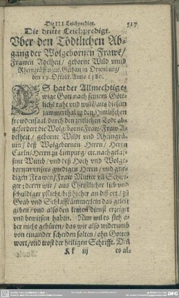 Die dritte Leichpredigt. Uber den Tödtlichen Abgang der Wolgebornen Frawe[n], Frawen Adelheit, geborne Wild unnd Rheingräffin etc. Gethan zu Ortenburg, den 19. Octobr. Anno 1580.