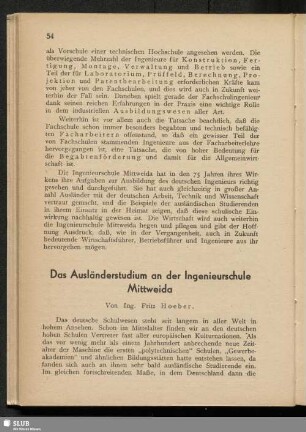 Das Ausländerstudium an der Ingenieurschule Mittweida