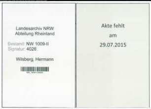 Entnazifizierung Hermann Wilsberg , geb. 06.09.1896 (Krankenpfleger)