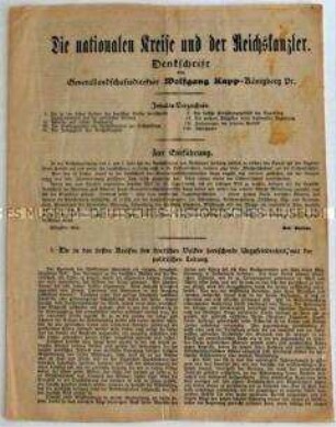 Sonderdruck mit der Denkschrift des Generallandschaftsdirektors Kapp aus Königsberg zur politischen Lage in Deutschland