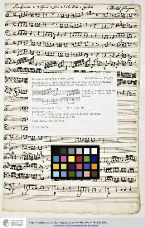 Sinfonia / a / 2 Clarin / Tymp. G. A. H. d. / 2 Corn. / 2 Violin / Viola / e / Cembalo. / [Incipit] / Christoph Graupner.