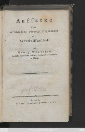 Aufsätze über verschiedene wichtige Gegenstände der Arzneiwissenschaft