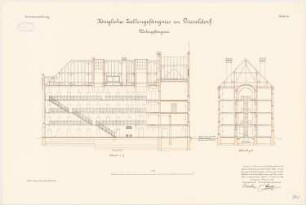 Zellengefängnis, Düsseldorf Frauengefängnis: Längsschnitt und Querschnitt 1:100