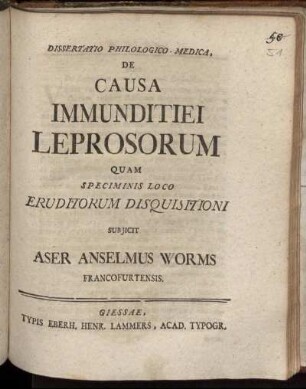 Dissertatio Philologico-Medica, De Causa Immunditiei Leprosorum