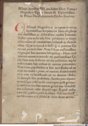 Compendium elegantiarum Laurentii Vallae : mit Widmungsbrief des Autors an Sicchus Simonetta