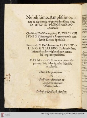 Nobilissimo, Amplissimo, virtute ac experientiarerum praestantissimo viro D. Ioanni Pleickhardo à Steinach