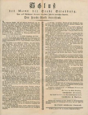 Schluß des Maire der Stadt Straßburg, vom 12ten Nebelmonat (Brumaire) im zehnten Jahr der fränkischen Republik, den Frucht-Markt betreffend