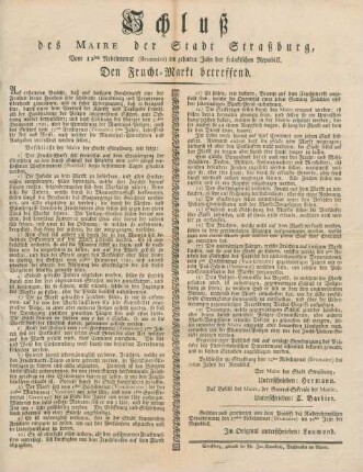 Schluß des Maire der Stadt Straßburg, vom 12ten Nebelmonat (Brumaire) im zehnten Jahr der fränkischen Republik, den Frucht-Markt betreffend