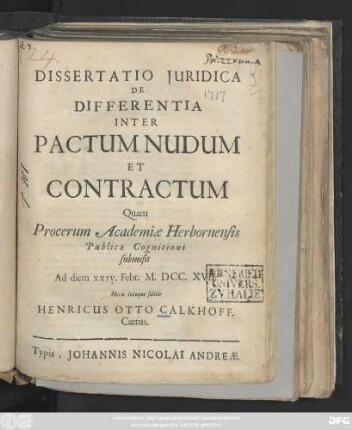 Dissertatio Juridica De Differentia Inter Pactum Nudum Et Contractum