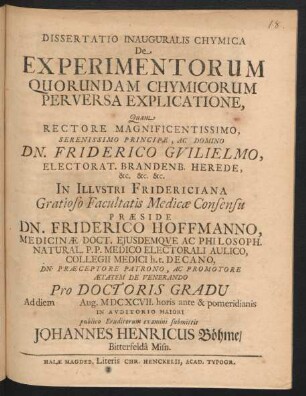 Dissertatio Inauguralis Chymica De Experimentorum Quorundam Chymicorum Per Versa Explicatione
