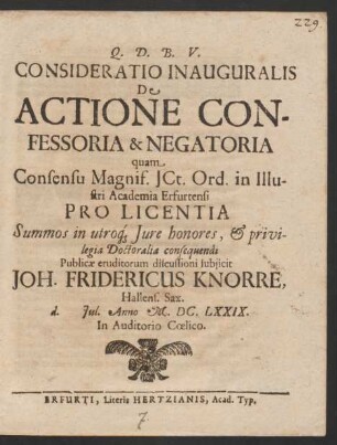 Consideratio Inauguralis De Actione Confessoria & Negatoria
