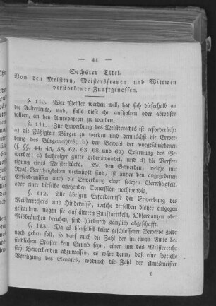 Sechster Titel. Von den Meistern, Meistersfrauen, und Wittwen verstorbener Zunftgenossen.