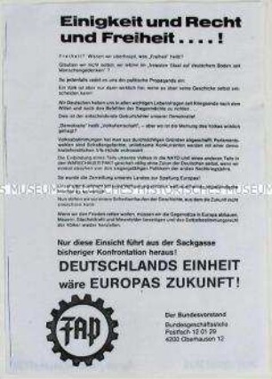 Flugblatt der FAP mit rechtsradikalen Parolen zur deutschen Einheit