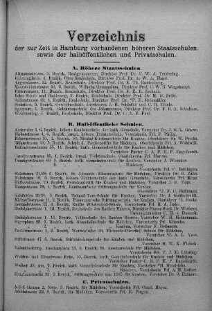 Verzeichnis der zur Zeit in Hamburg vorhandenen höheren Staatsschulen, sowie der halböffentlichen und Privatschulen