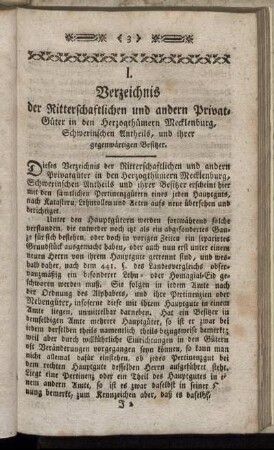 I. Verzeichnis der Ritterschaftlichen und andern Privat-Güter in den Herzogthümern Mecklenburg, Schwerinschen Antheils, und ihrer gegenwärtigen Besitzer