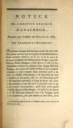 Notice de l'édition grecque d'Anacréon, donnée par l'abbé de Rancé en 1639
