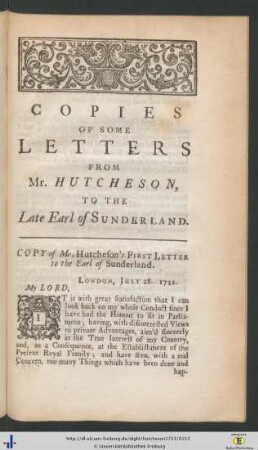Copies Of Some Letters From Mr. Hutcheson, To The Late Earl of Sunderland.