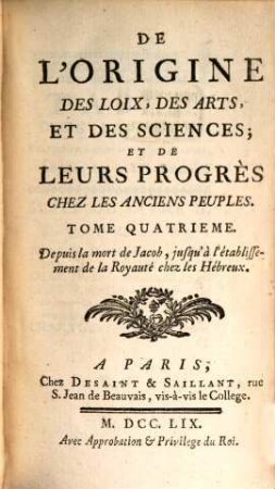 De L'Origine Des Loix, Des Arts, Et Des Sciences; Et De Leurs Progrès Chez Les Anciens Peuples, 4. Depuis la mort de Jacob, jusqu'à l'etablissement de la Royauté chez les Hébreux