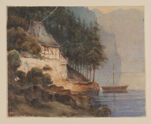 Uferlandschaft mit Kate und Boot, im Hintergrund Berge [aus Mappe III aus dem Sommerhoff-Nachlass]