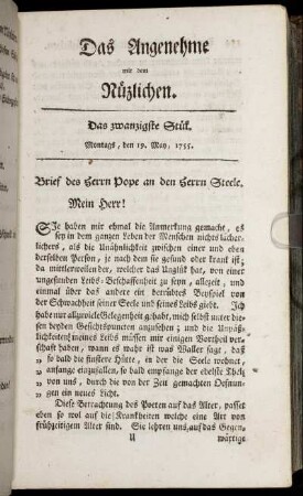 Das zwanzigste Stück. Montags, den 19. May, 1755.