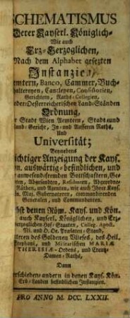 Kayserlich- und Königlicher, wie auch Erz-herzoglicher, dann dero Haupt- und Residenz-Stadt Wien Staats- und Standes-Calender : auf das gnaden-reiche Jahr Jesu Christi ... mit einem Schematismo gezieret. 1772