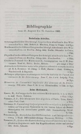 Bibliographie vom 15. August bis 15. October 1862.