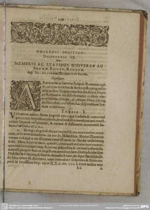 Disputatio IX. De Membris Ac Statibus Universae Ac Summae Reipub. Romanae