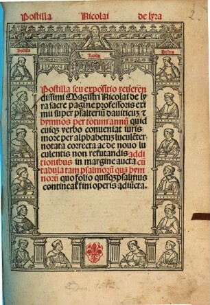 Postilla seu expositio reverendissimi Magistri Nicolai de Lyra sacre pagine professoris eximii super psalterium daviticum et hymnos per totum annum : quid cuique verbo conveniat iuris more per alphabetus luculenter notata correcta ac de novo luculentis non refutandis additionibus in margine aucta cum tabula tam psalmorum quam hymnorum quo folio quisque psalmus contineant fini operis adiuncta