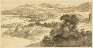 Hügelige Landschaft mit einzelnen Häusern, rechts außen Rundturm