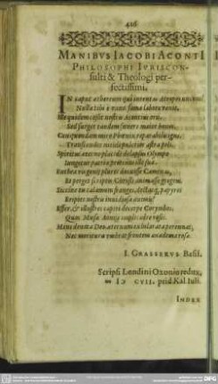 Manibus Iacobi Aconti Philosophi Iurisconsulti & Theologi perfectissimi