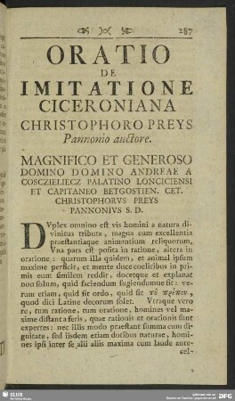 Oratio De Imitatione Ciceroniana Christophoro Preys Pannonio auctore