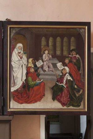 Lauterbacher Marienaltar — Zweite Schauseite - Marienleben — Rechter äußerer Flügel - Christus disputiert mit den Schriftgelehrten im Tempel