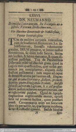 LXXVI. DN. NEUMANNO. De invidia Litteratorum. De Excerptis ex epistolis Virorum Doctissimorum