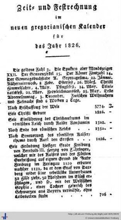 Zeit- und Festrechnung im neuen gregorianischen Kalender für das Jahr 1826.